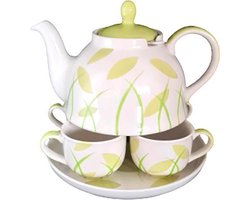 Theeset - Theeservies 6-delig keramiek - Handgemaakt en geschilderd theeservies - Theepot - theezeef - 4 kopjes - onderbord - wit - groen