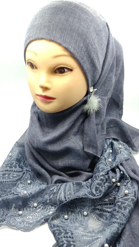 Foulard de Luxe gris bleu avec dentelle et perles beau hijab, écharpe. |  bol.com