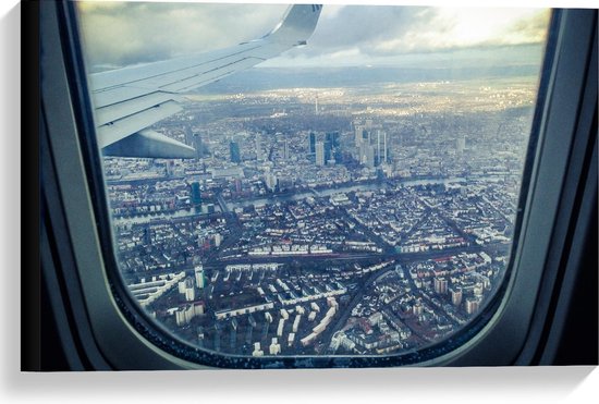Canvas  - Uitzicht over Stad vanuit Vliegtuig - 60x40cm Foto op Canvas Schilderij (Wanddecoratie op Canvas)