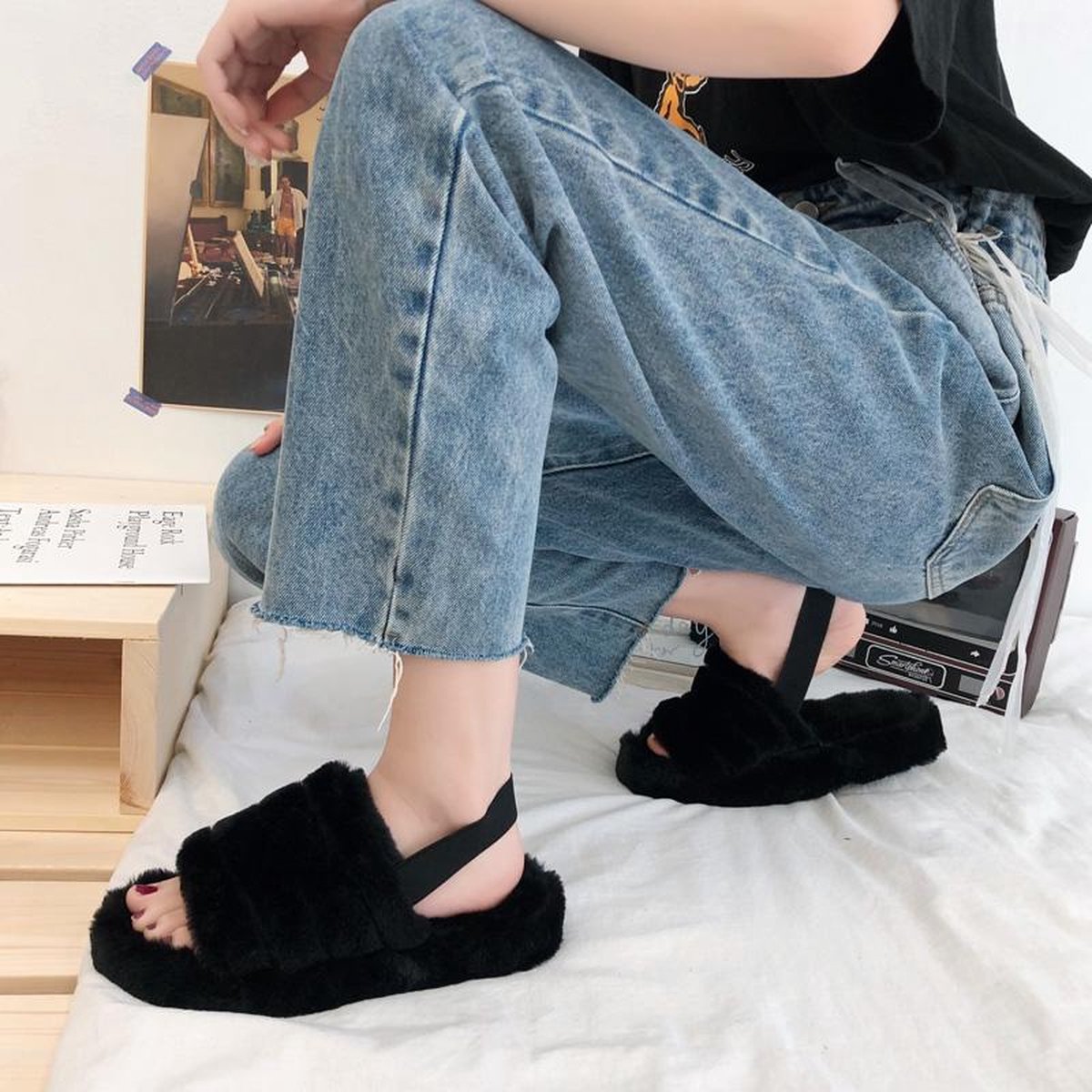 Fluff yeah slide Dames sandalen - dames pantoffels - bont sandalen - zwart  - Maat 36 | bol.com