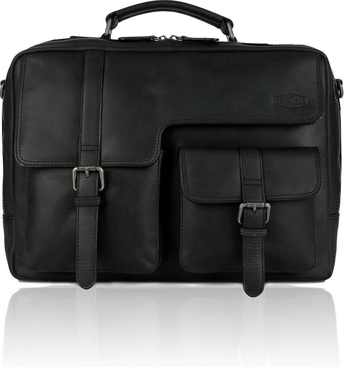 Sparwell Tas - Kompatible Karraro - Aktetas - Laptop tas 15.6 Inch - 100% Leer - Schoudertas - Zwart (Dames Tas / Heren Tas)