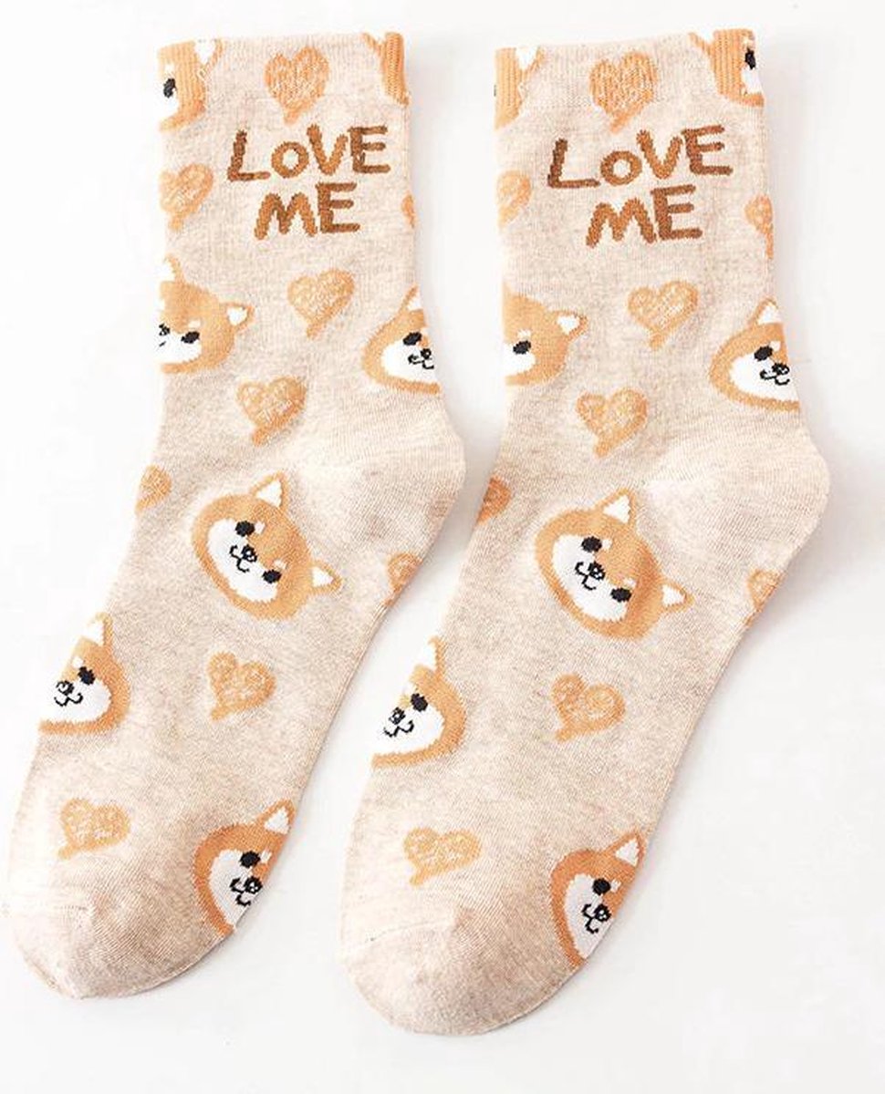 Dames sokken - beige - leuke print kat - hart - Love me - GrandSock - 36-40 - cadeau - voor haar