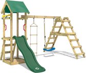 WICKEY speeltoestel klimtoestel TinyLoft met schommel & groene glijbaan, outdoor klimtoren voor kinderen met zandbak, ladder & speelaccessoires voor de tuin