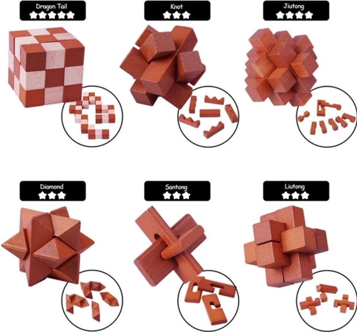Set van 6 houten IQ puzzels Breinbrekers 3D puzzel |