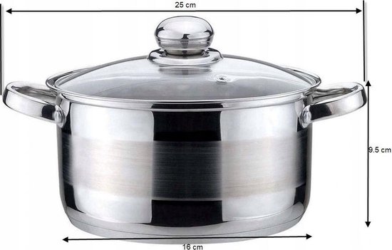Rvs kookpan met glazen deksel. Afmetingen: 25 cm breed, 9.5 cm hoog, 16 cm diameter.