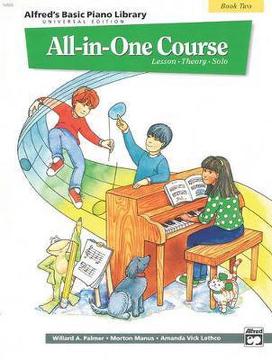 Twee kinderen leren piano spelen, met een kikker en een hond die luisteren.