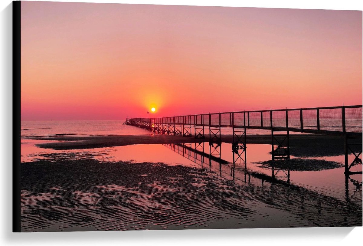 KuijsFotoprint Canvas - Brug over Strand met Zonsondergang - 90x60cm Foto op Canvas Schilderij (Wanddecoratie op Canvas) Bruin