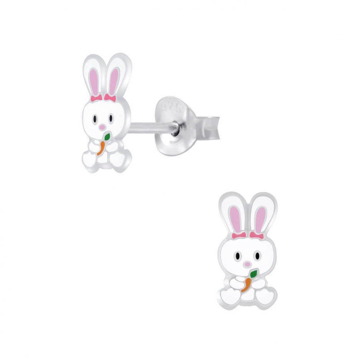 Oorbellen kinderen | Zilveren oorstekers, wit konijn met wortel