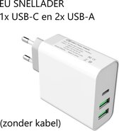 USB-C 65W  + 2x USB-A 12W lader met QuickCharge 3.0 - Geschikt voor MacBook Pro 13" MacBook Air 2020 iPad Pro en andere Laptops tot 65W - Alleen lader, zonder kabel