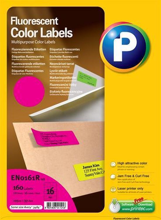 Printec Fluoriscerend Neon Roze etiketten - 10 vel - 105x37mm - 16 labels  per A4 - 160... 