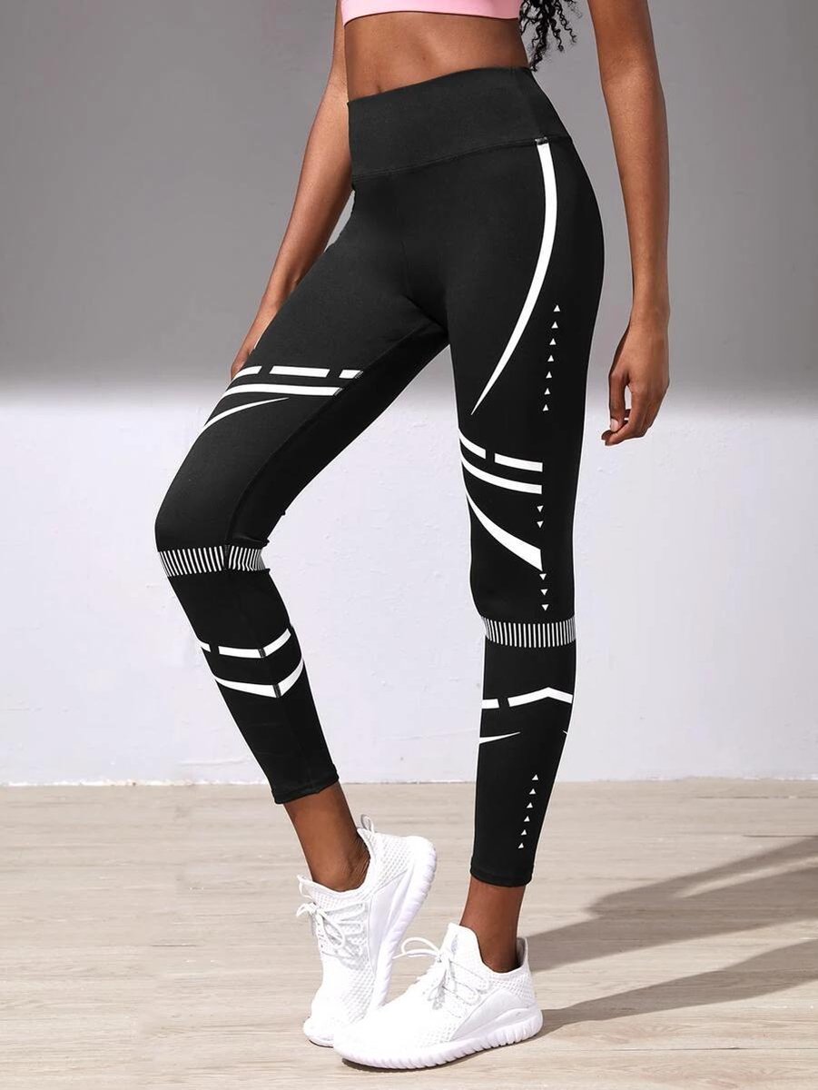 High waist sport legging dames zwart met witte strepen