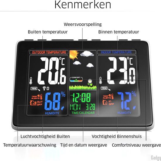 Gadgy Weerstation binnen en buiten - Draadloos weerstation met Buitensensor - Waterdichte buitenunit - Digitaal Weerbericht