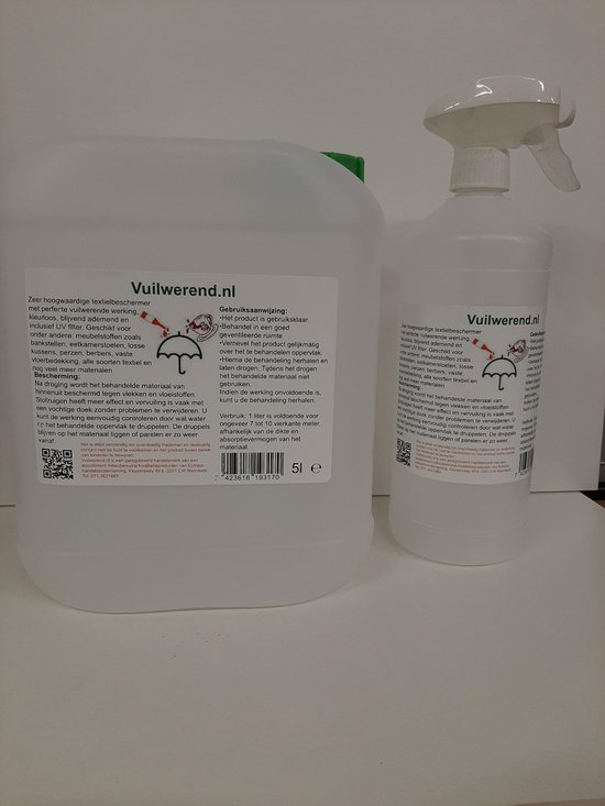 Impregneerspray, 5 + 1 liter vuilwerend impregneermiddel voor bankstellen, eetkamerstoelen, meubels, tapijt, vloerbedekking, autobekleding, meubelstof, en andere textielsoorten. Ook verkrijgbaar in 5 en 10 liter verpakking.