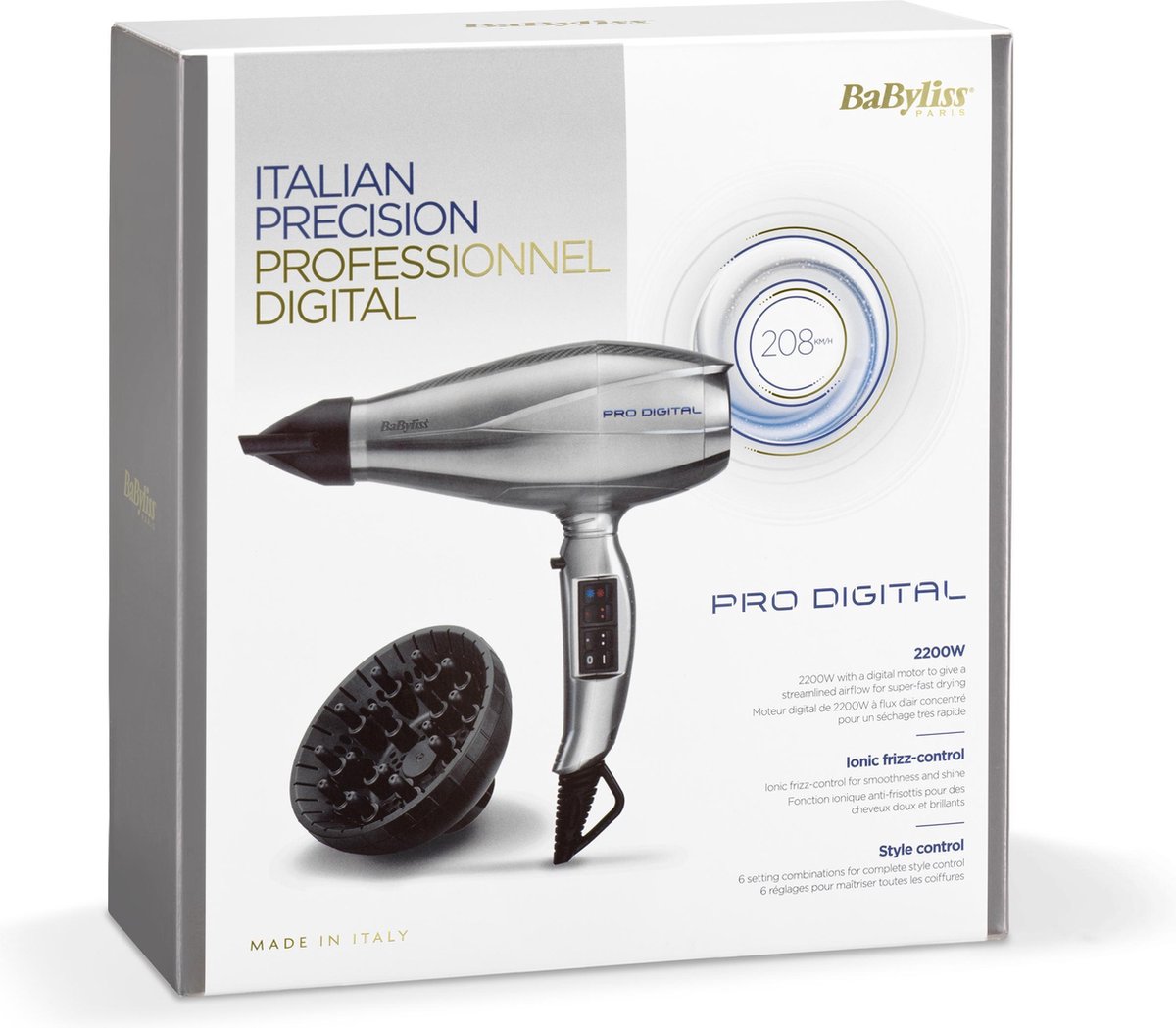 BaByliss Sèche-cheveux professionnel Pro Digital 2200 watts avec  technologie ionique et revêtement en céramique fabriqué en Italie, 6000E,  argent