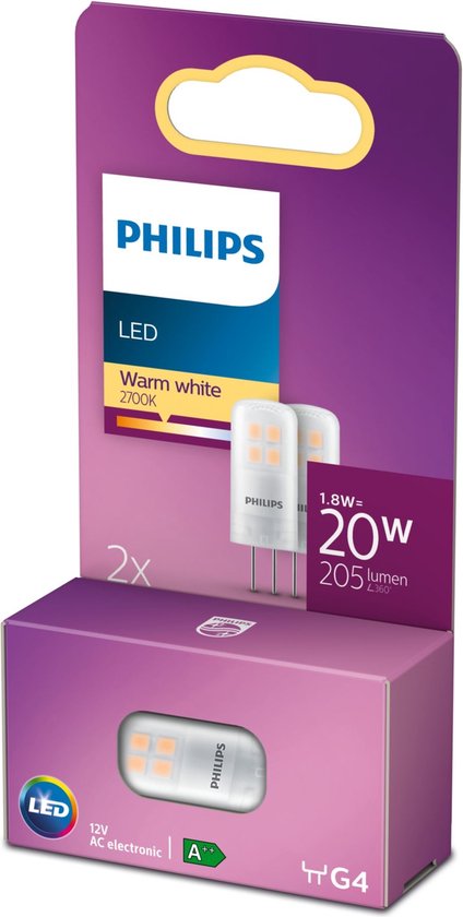 Philips energiezuinige LED Capsule Transparant - 20 W - G4 - warmwit licht - 2 stuks - Bespaar op energiekosten