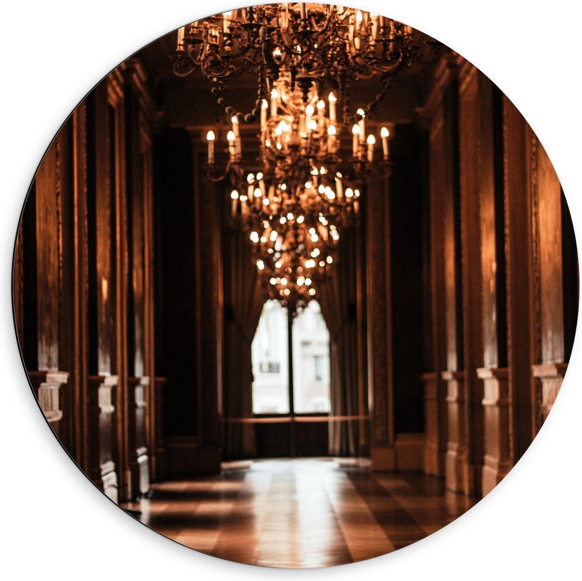 Dibond Wandcirkel - Gang in Paleis met Kroonluchter - 60x60cm Foto op Aluminium Wandcirkel