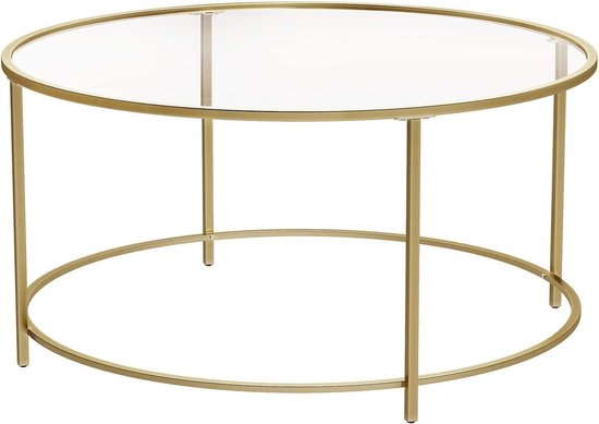 Table basse Vasagle - ⌀ 90 cm - Table ronde en Verres - Vasagle en fer doré - Construction durable et robuste - Facile à assembler