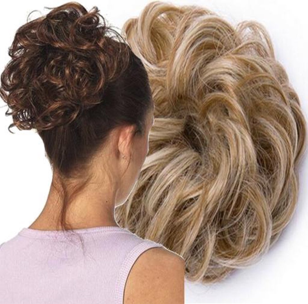 Messy Hair Bun | Curly Haar Wrap Extension Blond Warm Blond| Licht Bruin| Inclusief Luxe Bewaarzakje.*