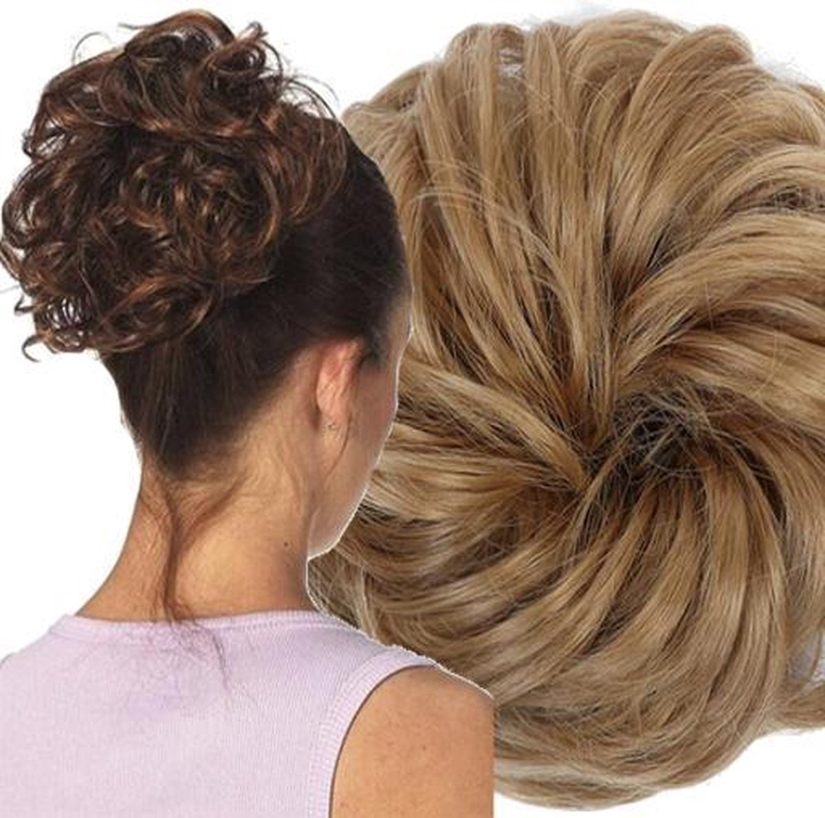 Messy Hair Bun |Curly Haar Wrap Extension Licht bruin| Zand Blond |Inclusief Luxe Bewaarzakje.*