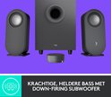 Zwarte subwoofer met twee grijze speakers en een grijze volumeknop. "Krachtige, heldere bass met down-firing subwoofer."