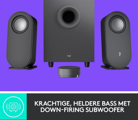 Zwarte subwoofer met twee grijze speakers en een grijze volumeknop. "Krachtige, heldere bass met down-firing subwoofer."