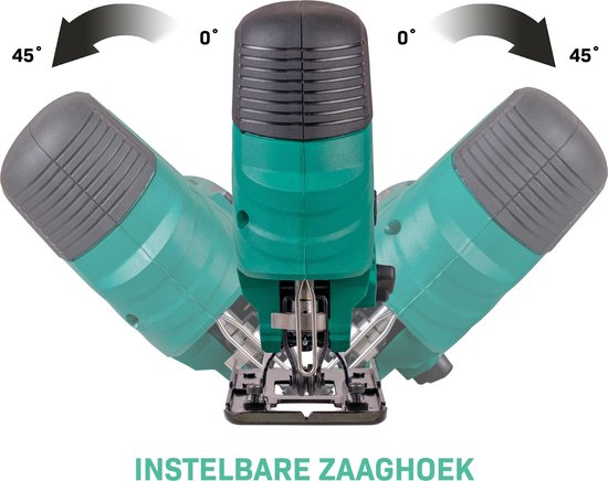 Illustratie van de instelbare zaaghoek van de decoupeerzaag: 0° en 45° naar links en rechts.