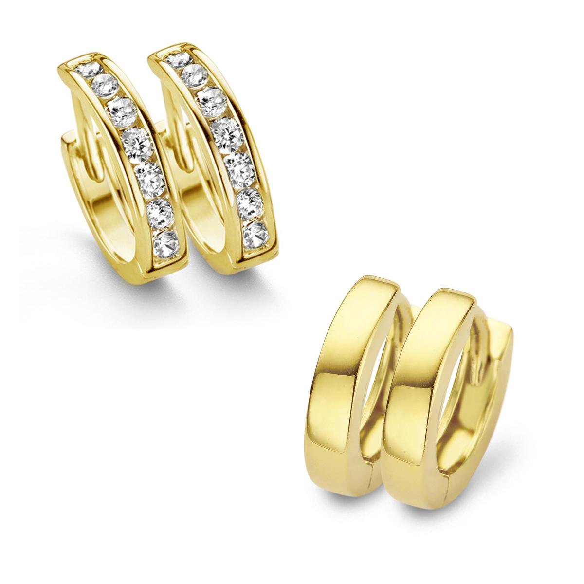 New Bling 9NB SET024 Zilveren Oorringen Dames - Set - 2 Paar - 12mm - 14mm - Zirkonia - Goudkleurig