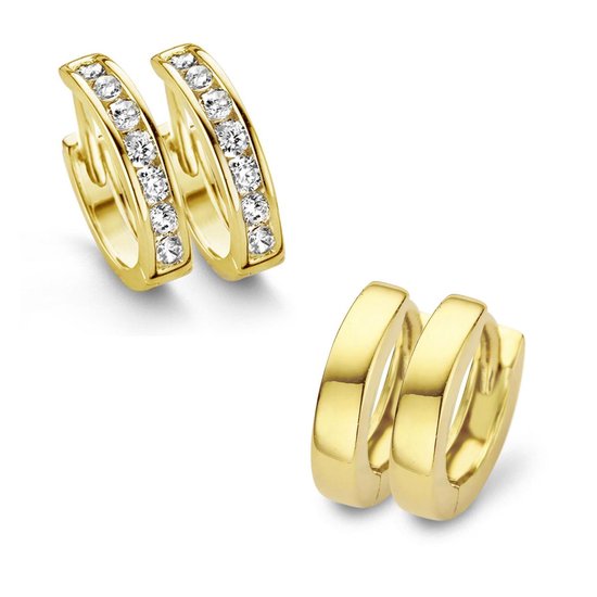 New Bling 9NB SET024 Boucles d' Boucles d'oreilles en argent pour dames - Set - 2 paires - 12 mm - 14 mm - Zircone - Doré