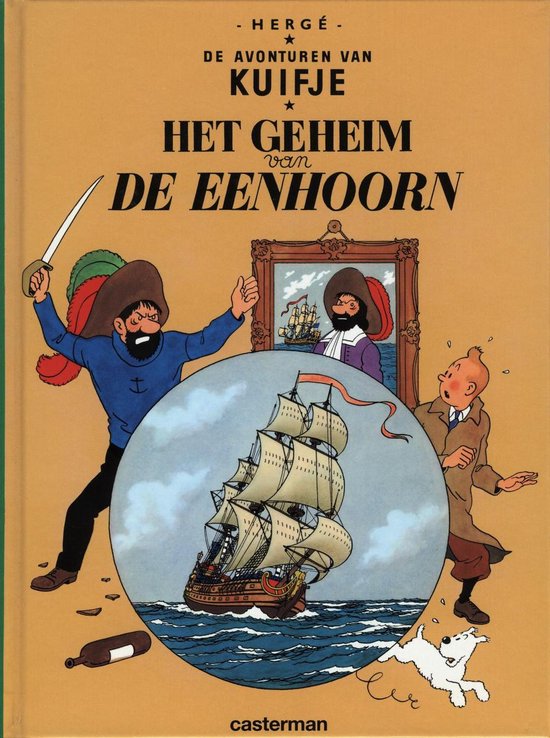 Boekomslag 'Het geheim van de eenhoorn' met Kuifje, Kapitein Haddock en Bobbie. Een schip is te zien in een cirkel.