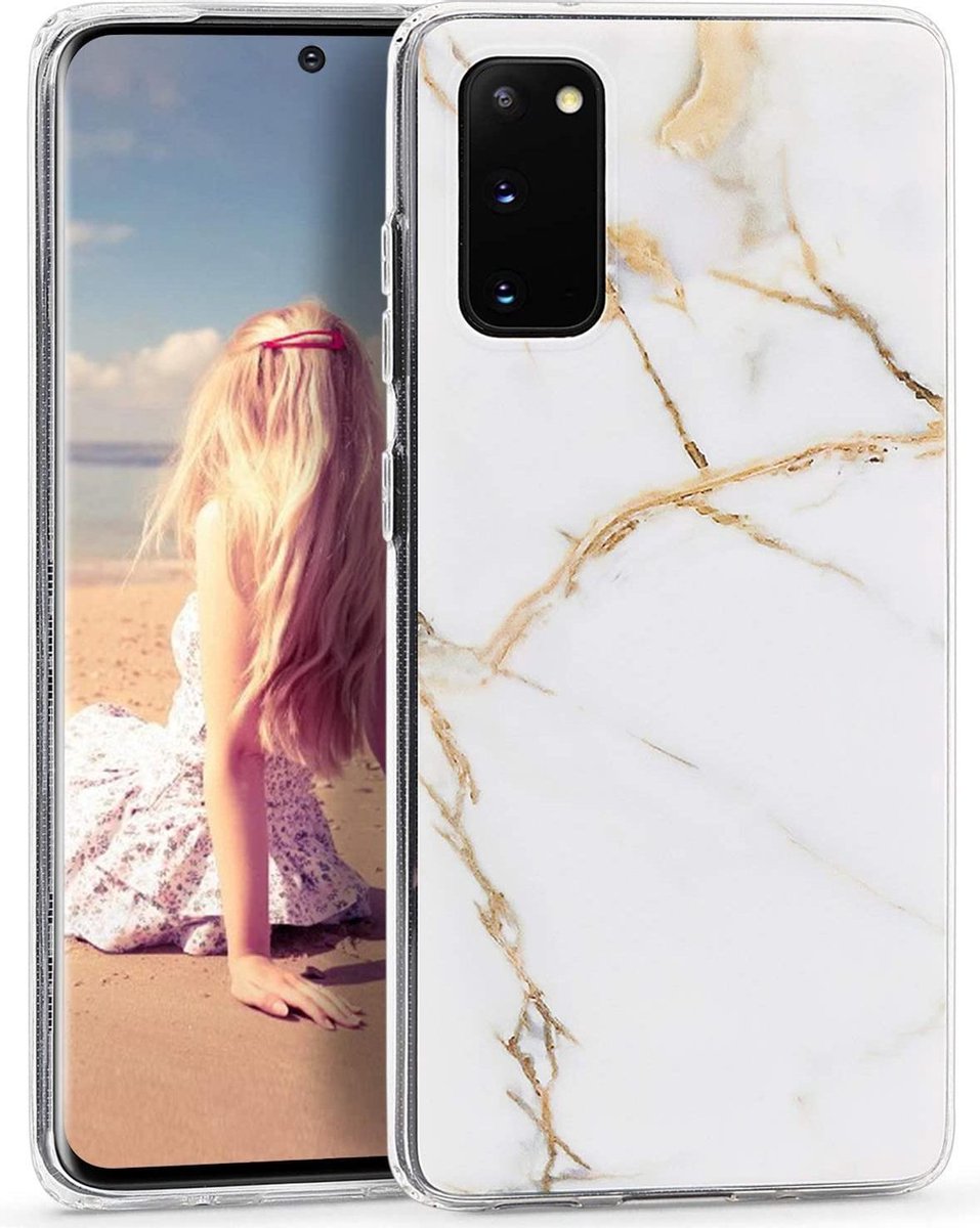 Geschikt voor Samsung Galaxy S20 hoesje - Wit / Goud - Marmer - Soft TPU