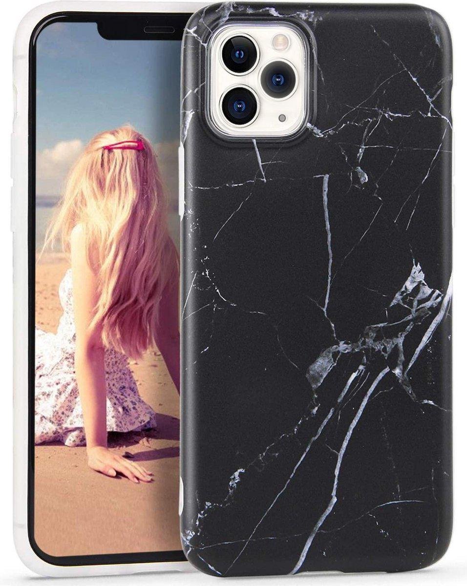 Geschikt voor Apple iPhone 11 Pro Max hoesje - Zwart / Wit - Marmer - Soft TPU