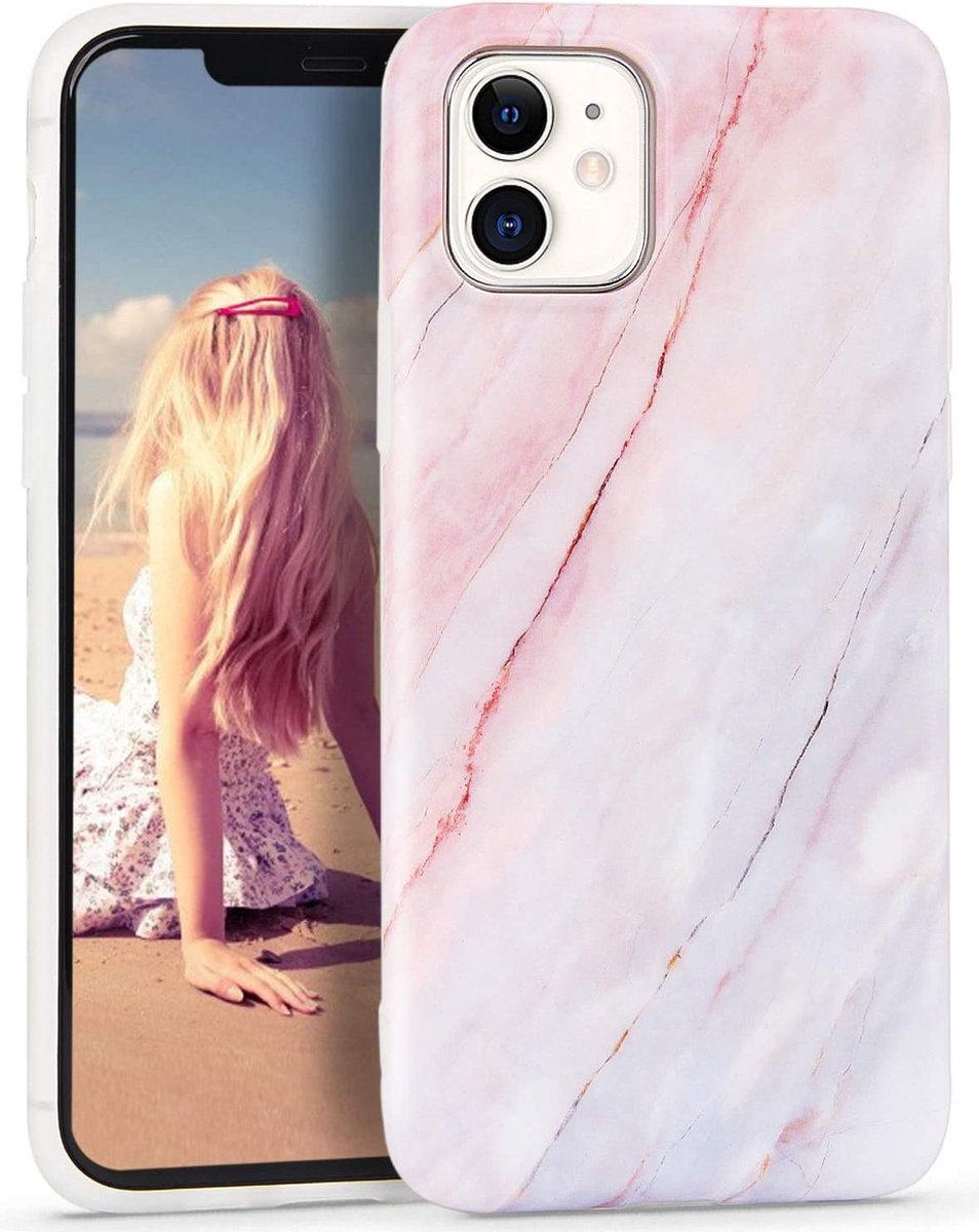 Geschikt voor Apple iPhone 12 hoesje - Roze / Blauw - Marmer - Soft TPU