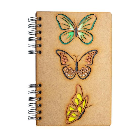 KOMONI - Duurzaam houten Schetsboek - Gerecycled papier - Navulbaar - A6 - Blanco -   Vlinders