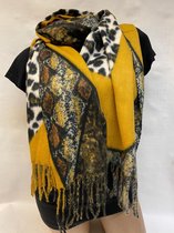 Dames warme lange sjaal met dierenprint okergeel/zwart/wit