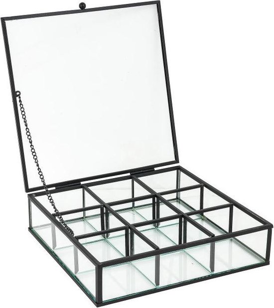 H&L theedoos zwart - glas en metaal - 9 vakjes - 20 x 20 x 5 cm -  sieradendoos | bol.com