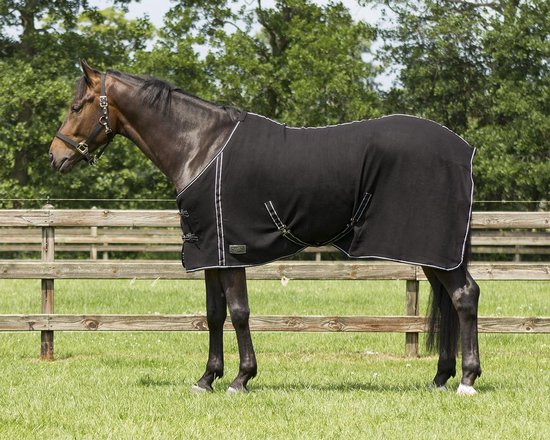 Bruin paard met zwarte fleece deken, witte bies en dubbele gespen.
