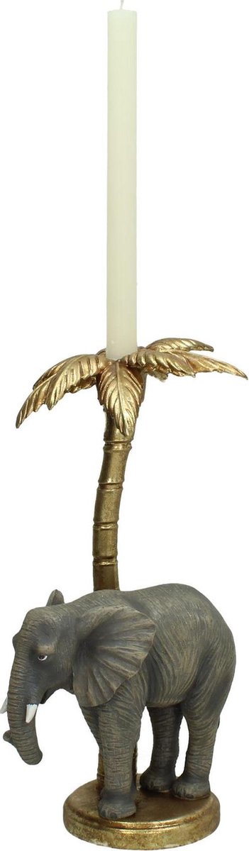 Decoratieve gouden kandelaar met olifant en palmboom 20x16x37cm