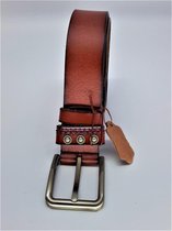 RR20-02h.120 Lederen Riem kastanjebruin, 3x3 studs, 3 stiksels, 120cm