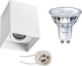 Opbouwspot Set - Pragmi Luxina Pro - GU10 Fitting - Opbouw Vierkant - Mat Wit - Verdiept - Kantelbaar - 90mm - Philips - SceneSwitch 827 36D - 1.5W-5W - Warm Wit 2200K-2700K - Dimbaar - BES L