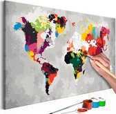 Doe-het-zelf op canvas schilderen - Kleurrijke Wereldkaart 60x40 ,  Europese kwaliteit, cadeau idee