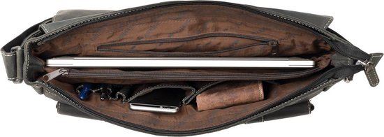 Sac messager noir ouvert avec un ordinateur portable, un smartphone et un portefeuille dans le compartiment principal.