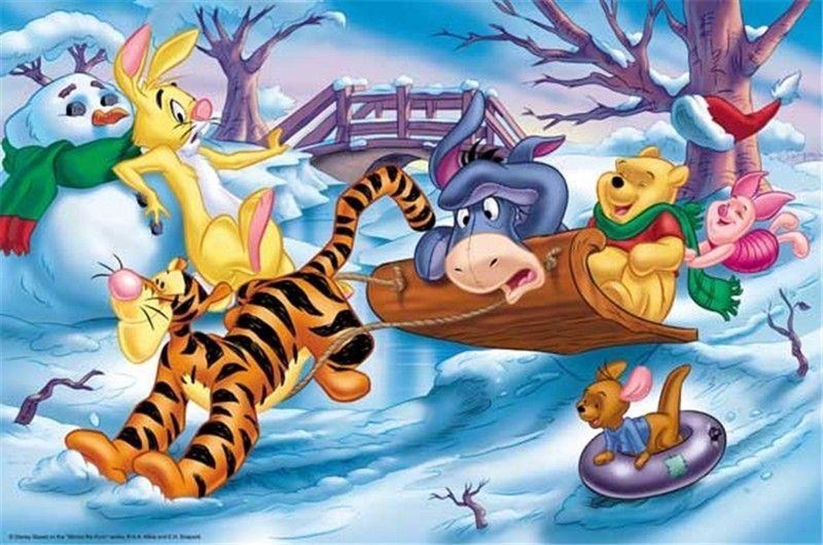 Winnie de Pooh en vriendjes door de Sneeuw | Full Diamond Painting 45x35cm  rond. | bol