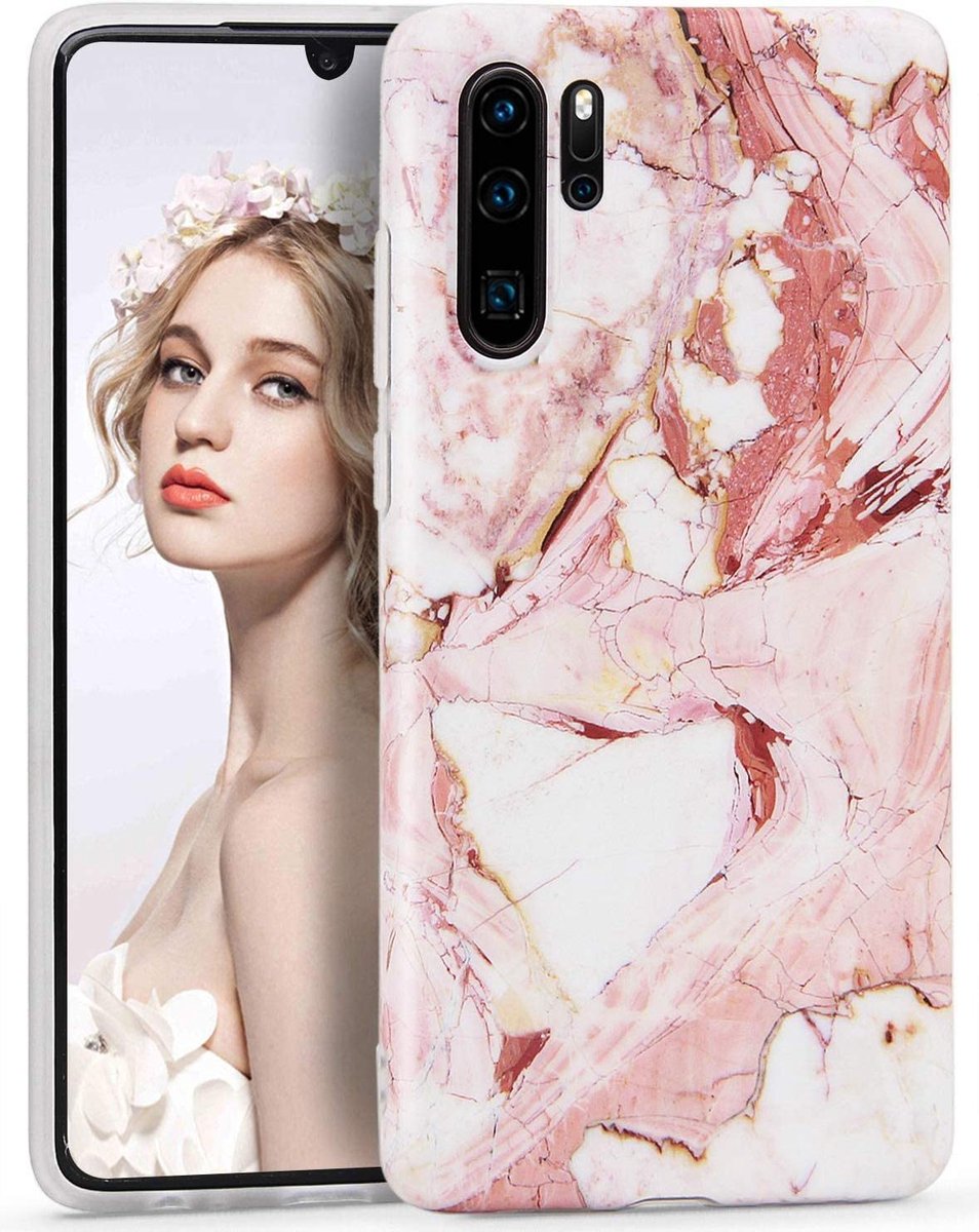 Huawei P30 Pro - Roze / wit - Marmer - Soft TPU Hoesje