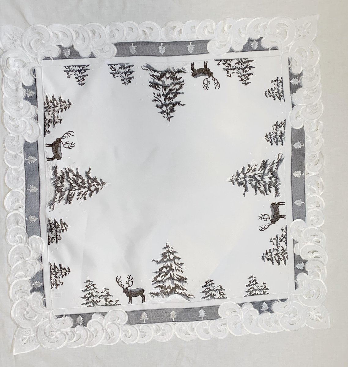 Kerst-tafelkleed Linnenlook Wit met Rendier en Kerstboom - Vierkant 85 cm