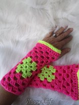 Handgemaakt - Dames Vingerloze handschoenen polswarmers - neon roze neon geel - Maat One size