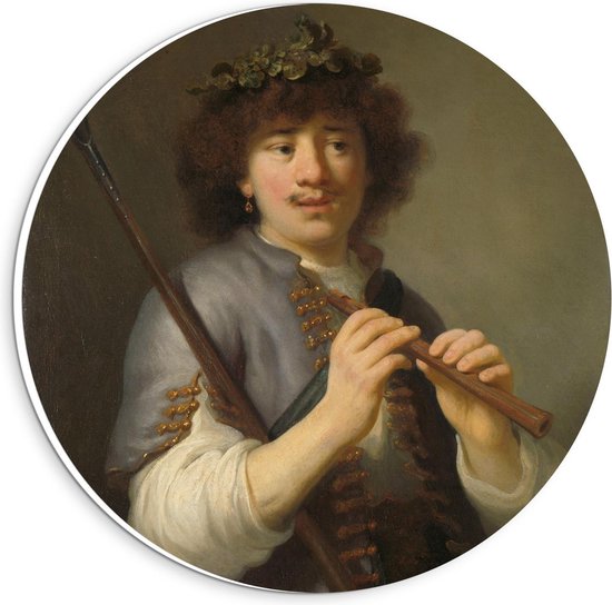 Forex Wandcirkel - Oude meesters - Rembrandt als herder met staf en fluit, Govert Flinck - 20x20cm Foto op Wandcirkel (met ophangsysteem)
