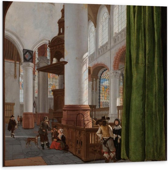 Dibond - Oude meesters - Interieur van de Oude Kerk Delft, Gerard Houckgeest - 100x100cm Foto op Aluminium (Wanddecoratie van metaal)