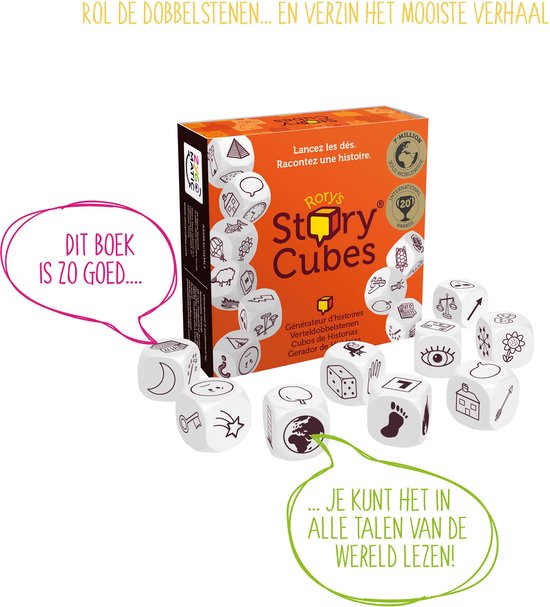 Doos van Rory's Story Cubes met dobbelstenen. Tekstballonnen zeggen 'Dit boek is zo goed' en 'Je kunt het in alle talen van de wereld lezen!'.