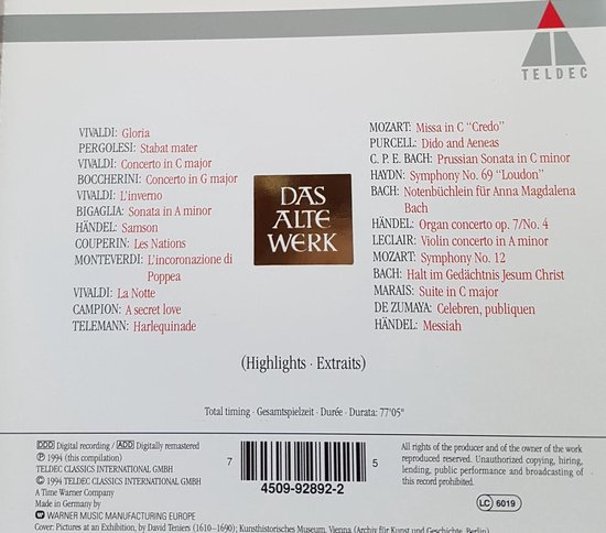 Achterkant van de albumhoes van Das Alte Werk, met de titel "Highlights · Extrasts" en een tracklist.