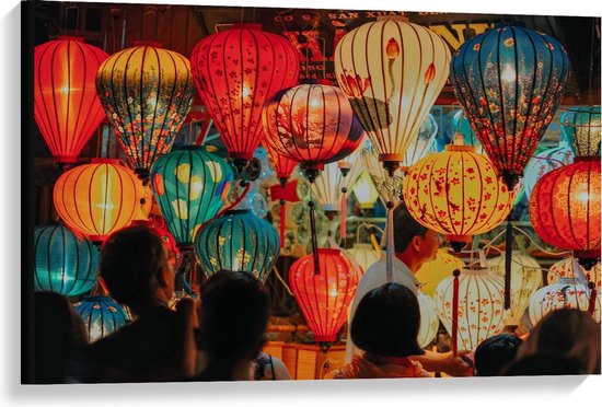 Canvas  - Chinese Lampionnen Oranje/Rood/Blauw - 90x60cm Foto op Canvas Schilderij (Wanddecoratie op Canvas)